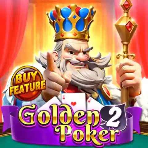 Ikon permainan "Golden 2 Poker" SARITOTO, menampilkan karakter raja yang sama dari versi sebelumnya sedang menunjuk ke depan dengan latar belakang tirai merah.
